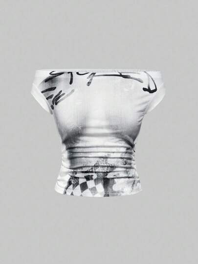 T-shirt ajusté sexy avec épaules dénudées et imprimé corporel, style vestimentaire de rue Y2K