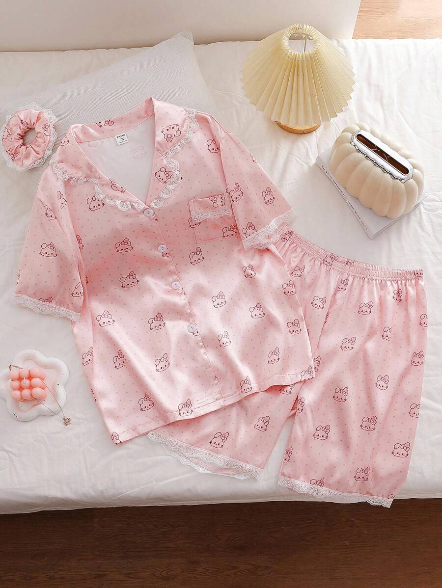 Teen Girls Pink Cartoon Kitten Print Silk Pajamas Set,Cute Summer Short Sleeve Top&Shorts With Headband,Family Matching Holiday Home Outfit Pjs Set - Pink - View 1