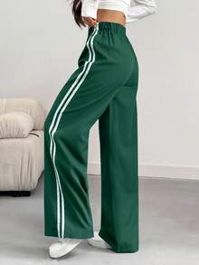 INAWLY Quần ống rộng thiết kế đơn giản màu tương phản cho nữ, mùa xuân/hè - màu xanh lá - Xem 2
