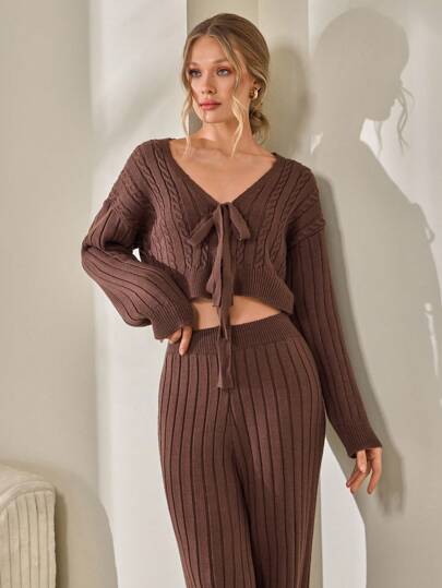 CLARA VERO Women Cable Knit Tie Front Detailed Loose Fit Knit Sweater Cardigan And Knit Sweater Pant Two Pieces Set Co-Ords 2pcs,Petite,Winter Clothes