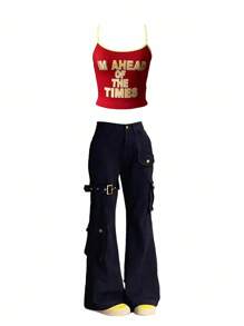 StreetHx Women's Sports Letter Print Cropped Casual Camisole - Red - View 4