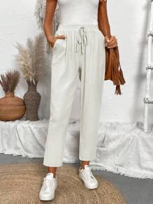 Calvaya Women's Drawstring Waist Simple And Casual Pants With Slanted Pockets - White - View 7