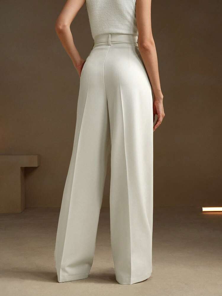 Short Women's Summer New Style White Suit Trousers, Modern Urban Solid Color, Strap Pocket, Decorative Pocket Suit Trousers, Women's Suit Trousers, Baggy, Wide Leg, Go Out, Fashion, Petite Trousers