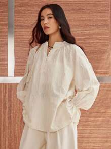 DAZY Women's Loose Casual Wavy Striped Elegant V-Neck Long Sleeve Patchwork Ruffled Blouse, Suitable For Summer, Spring And Autumn,Fall Women Clothes - Beige - View 7