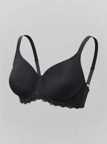 SHEIN 1pc No Wire No Pad Underwire Support Push-Up Plus Size Lace Splicing Bra - Black - View 6