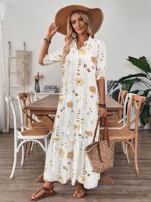 EMERY ROSE V领花卉印花荷叶边下摆优雅休闲度假连衣裙，配有抽绳 - 彩色 - 查看 6