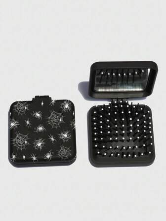 Grunge Punk 1 Pc Spider Web Printed Folding Pocket Comb With Mirror, Compact Design For Back To School