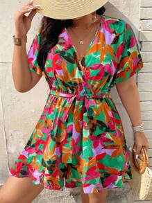 SHEIN Clasi Women's V-Neck Oil Painting Style Print With Ruffle Sleeves Waist Drawstring Romper - Green - View 8