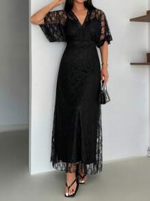 EURMUSE Women's Boho Lace Maxi Midi Dress Sexy V-Neck Sleeveless Spaghetti Straps - Black - View 3