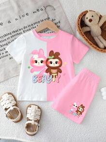 Young Girl Casual Simple Cute Cartoon Print Short Sleeve Round Neck T-Shirt & Shorts Set, Suitable For Summer