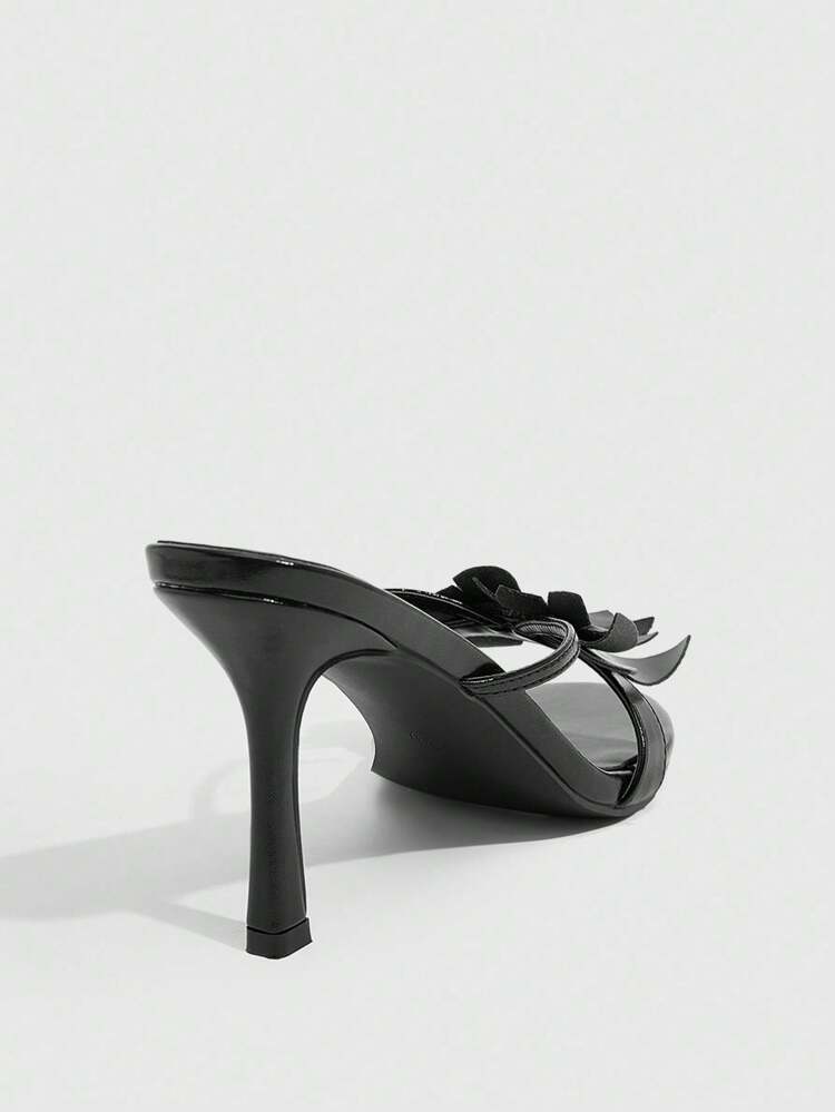 CUCCOO SZL Women's Black Metal & PU Color Block Flower Decor Fashionable Sexy Strap Glam Nightclub Round Toe Mule High Heel Sandals