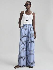Ontre Khaki Summer Geometric Print Loose Casual Textured Wide Leg Pants With Tassel Drawstring And Pockets - Blue - View 2