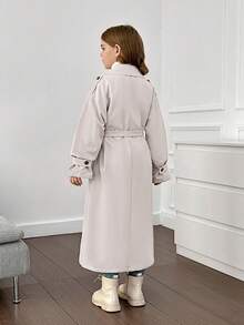 SHEIN Tween Girl Loose Fit Double Breasted Lapel Long Trench Coat, Casual Military Style, Suitable For Commuting And Outings, Girls Trench Coat, Long Coat Girls, Girls Coat, Fall Winter - Beige - View 6