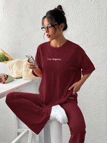 SHEIN EZwear 2pcs/Set Women Casual Loose Short Sleeve Top And Flare Pants Set - Burgundy - View 3