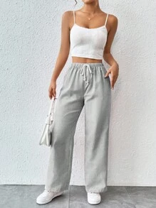 SHEIN PETITE Women's Tie Waist Pinstripe Straight Leg Pants - Khaki - View 5