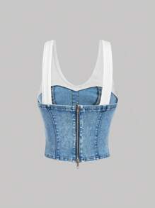 SHEIN MOD 女士休闲无袖牛仔上衣，夏季简约时尚，二合一牛仔紧身抹胸，狂欢，女士办公室着装，Y2k 上衣，辣妹上衣，夏季，女士紧身胸衣上衣，女士露脐上衣，女士外出上衣，生日，Y2k 上衣，蓝色抹胸，街头服饰上衣，老钱风格女士，度假上衣