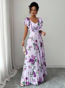Elenzga 嘉年华紫色领数码印花度假风荷叶边腰A字优雅浪漫女装，适合约会、下午茶、旅行、乡村等场合。 - 彩色 - 查看 5