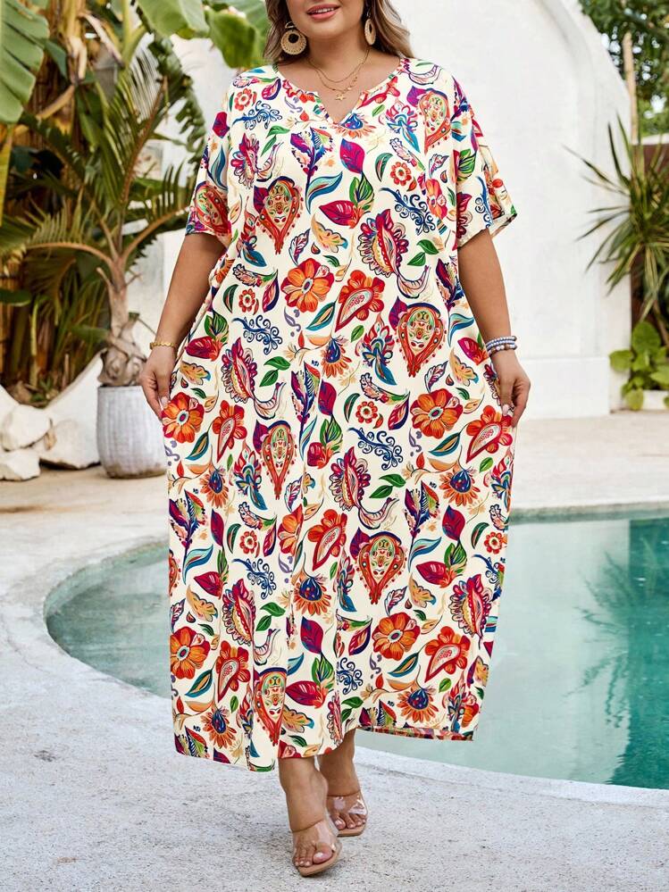 SHEIN CURVE+ Plus Size Women V-Neck Floral Print Batwing Sleeve Pocketed Casual Dress For Holiday,Summer Dresses For Women,Dresses Casual - Multicolor - View 4