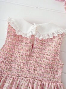 Joliand 1 pezzo Vestito elegante da ragazza giovane Joliand, a quadri rosa, con decorazioni in pizzo bianco, colletto a rever, senza maniche, a-line, adatto per festa, viaggi, matrimoni, estate