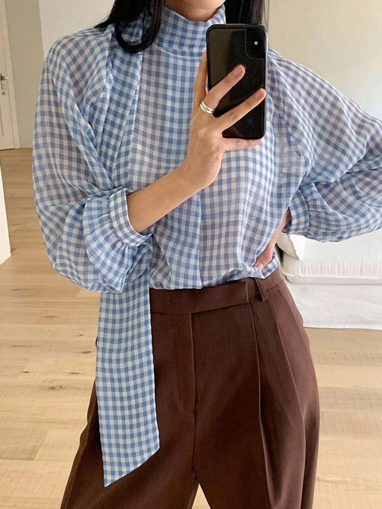 Stand Collar Loose Plaid Casual Shirt,Fall Women Clothes Long Sleeve Top