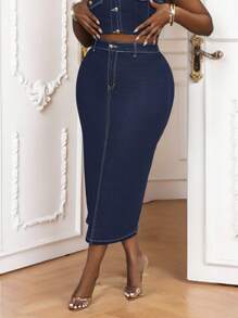 SHEIN Lady Plus Size Women's High Waist Fitted Casual Versatile Denim Skirt Classy Outfits For Women  Business Casual Woman Business Casual Woman Work Clothes Women Office Outfits For Women Festival Outfits For Women