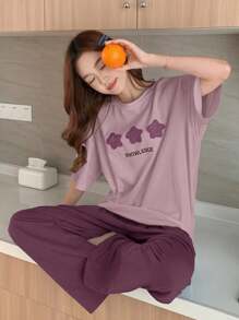 DAZY 2pcs Women Casual Star Print Loose Short Sleeve Top And Pants Set, Loungewear Pajama - Purple - View 4