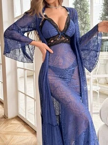 SHEIN 全覆盖提花网眼玫瑰长袍 + 撞色长袖蕾丝露背提花网眼性感美人鱼长睡袍