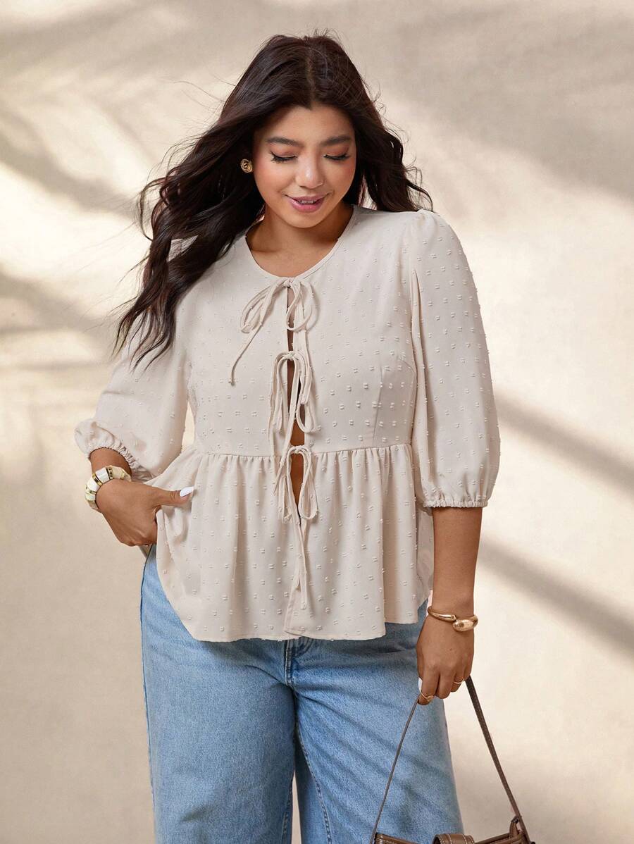 EMERY ROSE Plus Size Textured Fabric Tied Casual Elegant Blouse