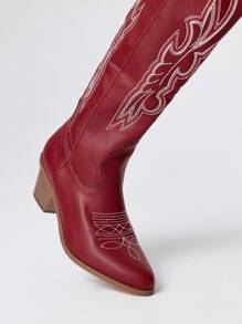 ROMWE Fairycore 女士一脚蹬西式刺绣靴，酒红色皮革鞋面，时尚及膝靴，春秋新品 - 酒紅色 - 查看 3