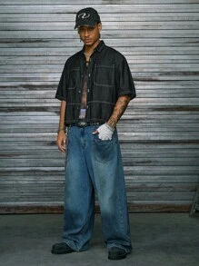 AXEPEAK Camisa vaquera de manga corta con bolsillo en el pecho, casual de verano para hombres