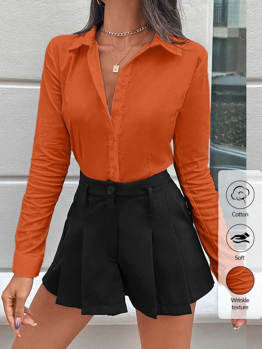 EURMUSE Casual Commuting Cotton Solid Button Front Shirt - Coral Orange - View 1