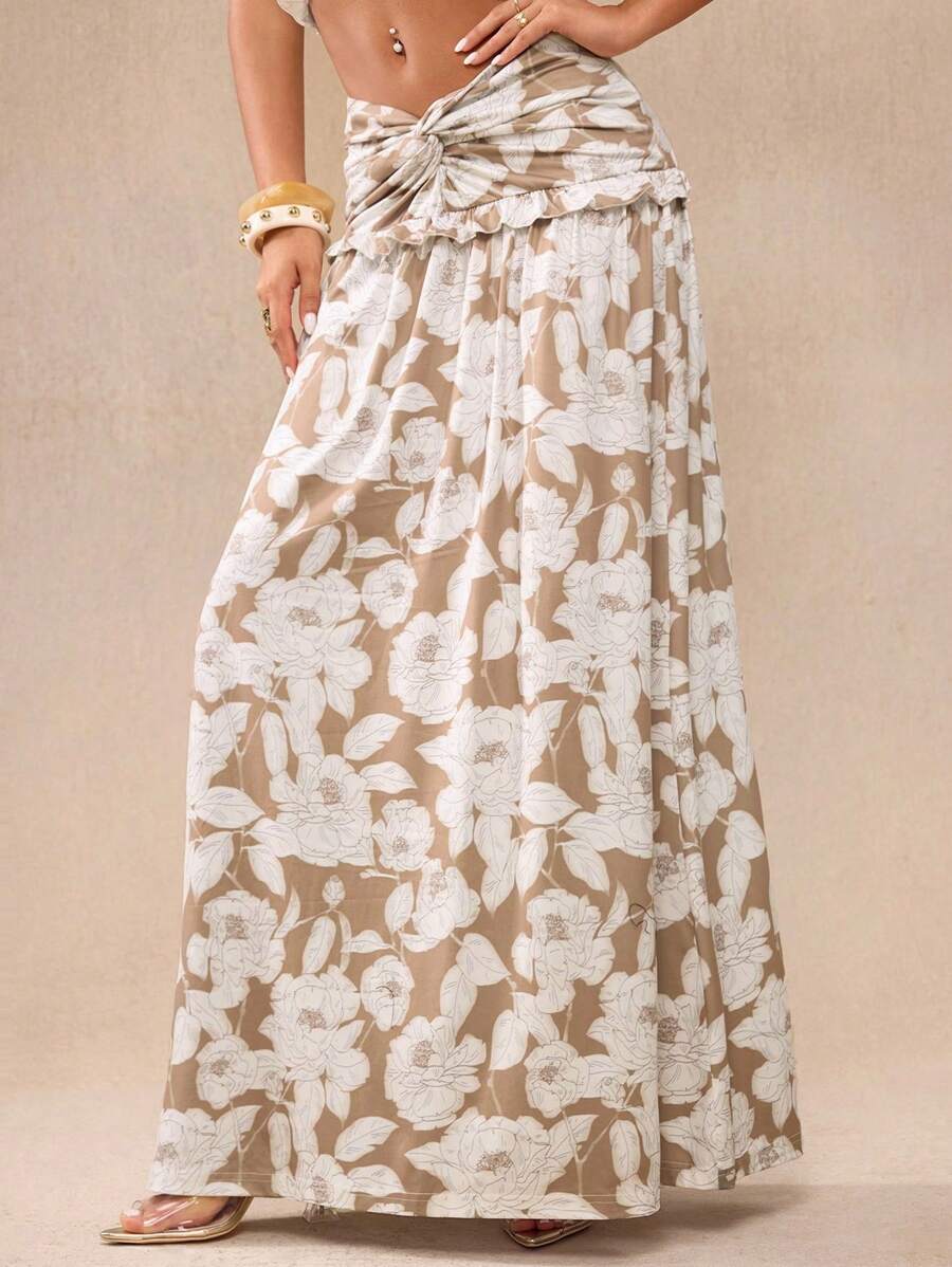 Glamance Whitebread Women Maxi Skirt With Twist Design Allover Floral Print Suitable For Summer Casual Vacation Beach Travel Party Country Concert Western Wear Clubs Sexy Going Outs Streetwear Grunge Punk Y2K 2000s Back To School Club Sexy - Khaki - View 1