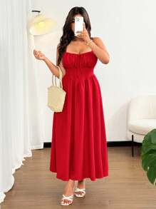 Flirla 大码女式优雅纯色前系带蝴蝶结细肩带喇叭长款沙滩裙，适合度假、派对、约会、音乐节、春夏季百搭设计 - 紅色 - 查看 4
