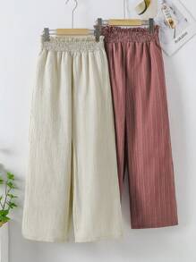2条装少女休闲度假海滩乡村旅行日常百搭宽松褶皱阔腿裤，适合秋冬季学校、校园、学院风穿着 - 彩色 - 查看 3