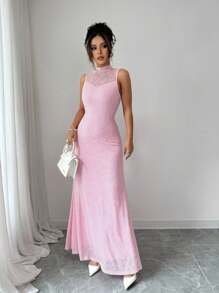 Selianne Women's Elegant Solid Color Jacquard Stand Collar Sleeveless Dress, Summer - Pink - View 6