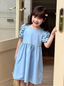 SHEIN Young Girls Floral Petal Sleeve Round Neck Princess Dress - Blue - View 6
