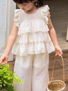 SHEIN Little Byeori 年轻女孩韩版公主风荷叶边下摆无袖上衣和宽松阔腿裤套装 - 白色 - 查看 2