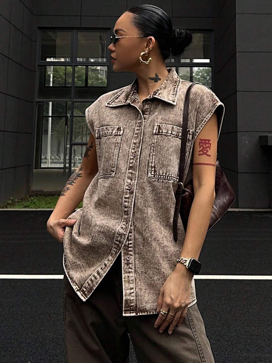 DAZY 女式无袖宽松翻领休闲牛仔背心,街头风格 - 卡其色 - 查看 1