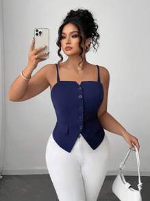 Calvaya Plus Size Women Casual Slim Fit Guzik Ozdobny Pasek