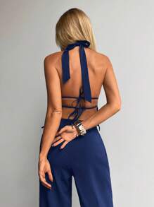 Aloruh Damen Sommer Sexy minimalistisches Outfit mit tief ausgeschnittenem Rückenfreiem Träger Top und gerader Hose 2 Stücke Set