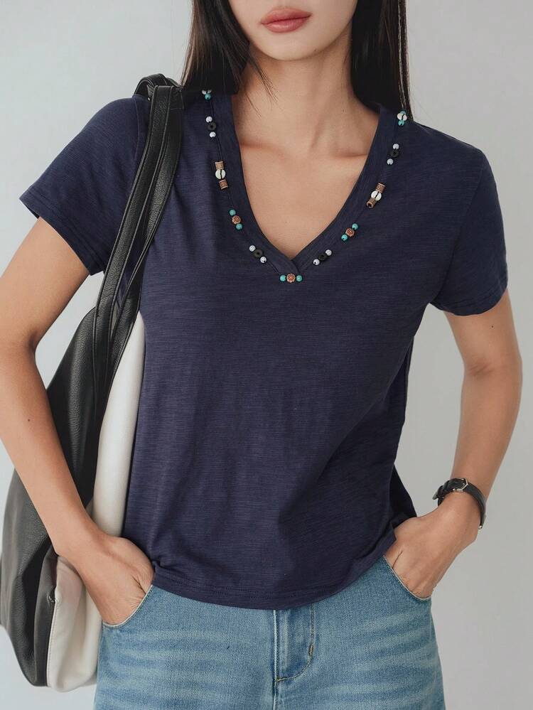 Loose Business Casual Bohemian Linen Beaded 3D Decor Short Sleeve T-Shirt For Women, Summer Preppy Tops