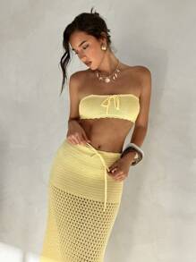 Aloruh 2pcs Women Set - Solid Color Elegant Beachwear Vacation Knitwear Sexy Perspective Butter Yellow Suit Can Be Worn With Bikini Front Tie Cropped Tube Top And Knitted Midi Skirt - Yellow - View 7
