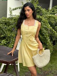 Rafferiza Summer Elegant Square Collar Lace Splice Sleeveless Dress - Yellow - View 4