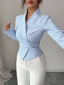 Elenzga Casual Commuter Striped Cinched Waist Wrap Around Waist Shirt Fall Cloth For Women - Blue and White - View 3