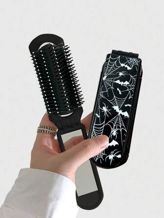 Grunge Punk 1pc Spider Web & Bat Print Foldable Hair Brush With Mirror, Portable Back To School Accessory (Pattern Placement Random)