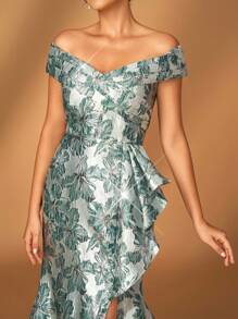 Serin Váy dạ hội cho mẹ cô dâu màu xanh nước biển sang trọng, sang trọng, xếp li bằng vải satin jacquard, xẻ tà hoa, thanh lịch, lộng lẫy - màu xanh lá - Xem 7