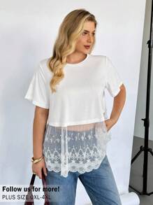 Auralis Camiseta de manga corta blanca con encaje y efecto transparente, cómoda y holgada, para mujer talla grande, estilo casual y fresco para primavera y verano, tops bonitos y curvilíneos para cruceros, salidas y vacaciones - Blanco - Ver 2