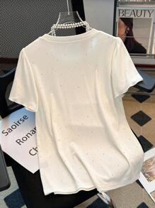 Franclia Autumn Back To School Rhinestone Decor Women T-Shirt - White - View 2