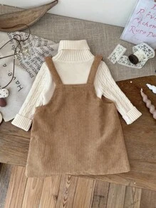 SHEIN LMoss Kids LMoss 女婴可爱粉色灯芯绒背带裙，适合秋冬季女婴灯芯绒背带裙，卡其色婴儿连衣裙，摩卡色婴儿服装，复古婴儿服装，女婴灯芯绒连衣裙 - 卡其色 - 查看 2