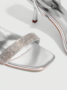 CUCCOO SZL Women's Silver Metallic PU Silver Rhinestone Decor Strap Square Toe Kitten Heels, Fashionable Sexy Glamorous Party Clubwear High Heel Sandals